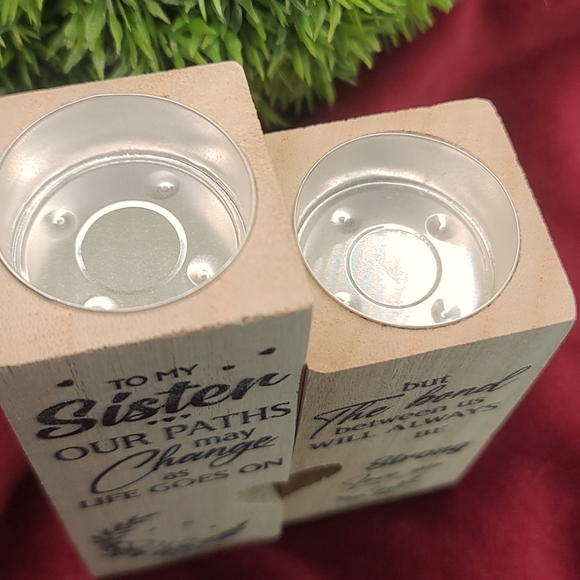MY SISTER poem on dual wooden pedestal tea light candle holders NWT - Picture 5 of 5